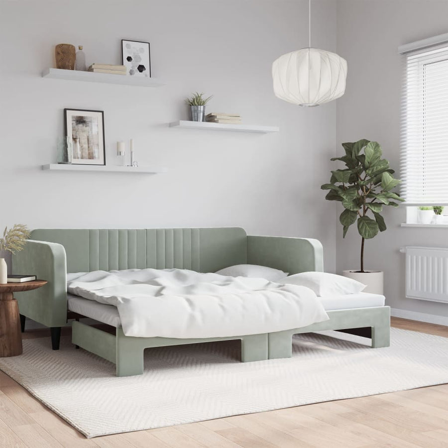 Slaapbank met onderschuifbed 100x190 cm fluweel lichtgrijs