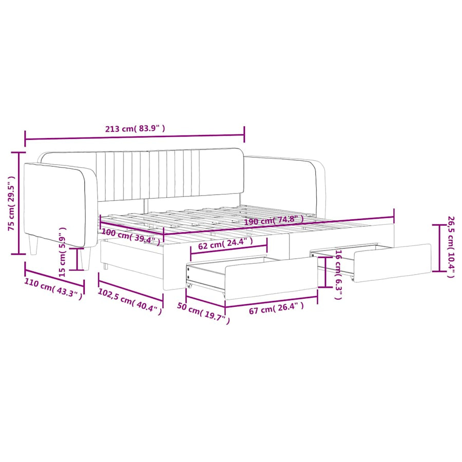 Slaapbank met uitschuifbed lades 100x190 cm fluweel lichtgrijs