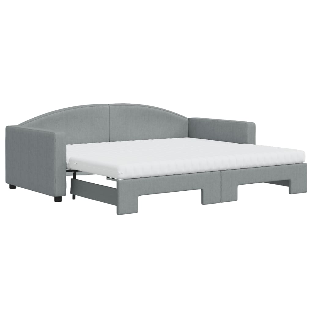 Slaapbank Onderschuifbed En Matrassen Stof 90 x 190 cm Lichtgrijs met onderschuifbed en matras