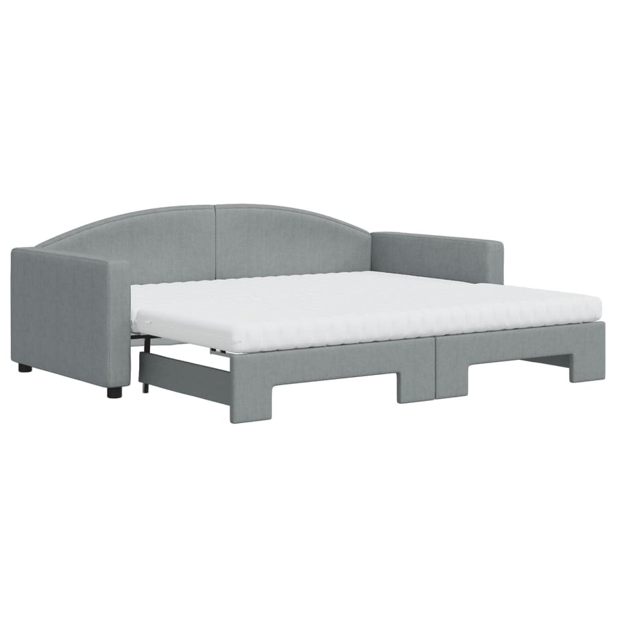 Slaapbank Onderschuifbed En Matrassen Stof 90 x 190 cm Lichtgrijs met onderschuifbed en matras