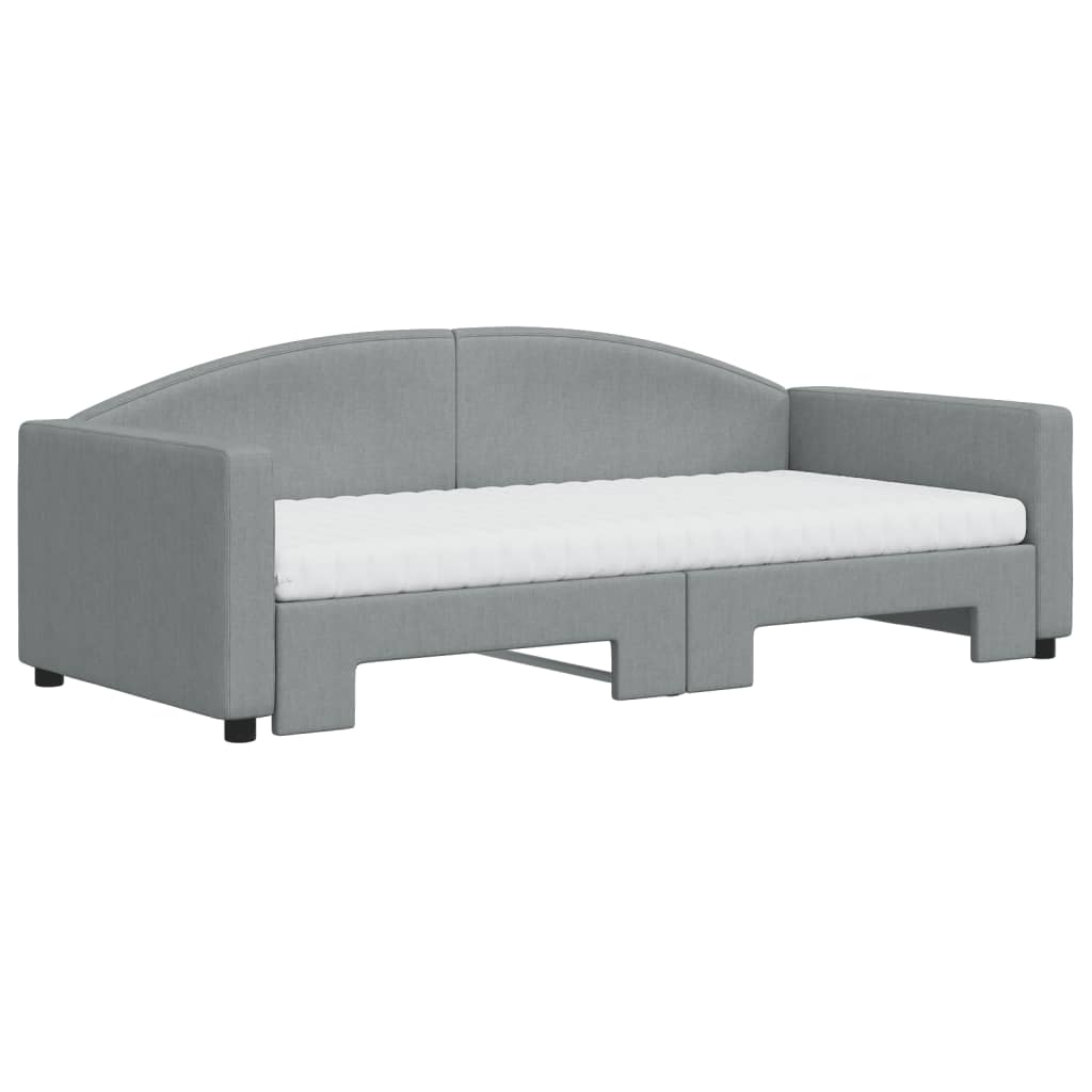 Slaapbank Onderschuifbed En Matrassen Stof 90 x 190 cm Lichtgrijs met onderschuifbed en matras