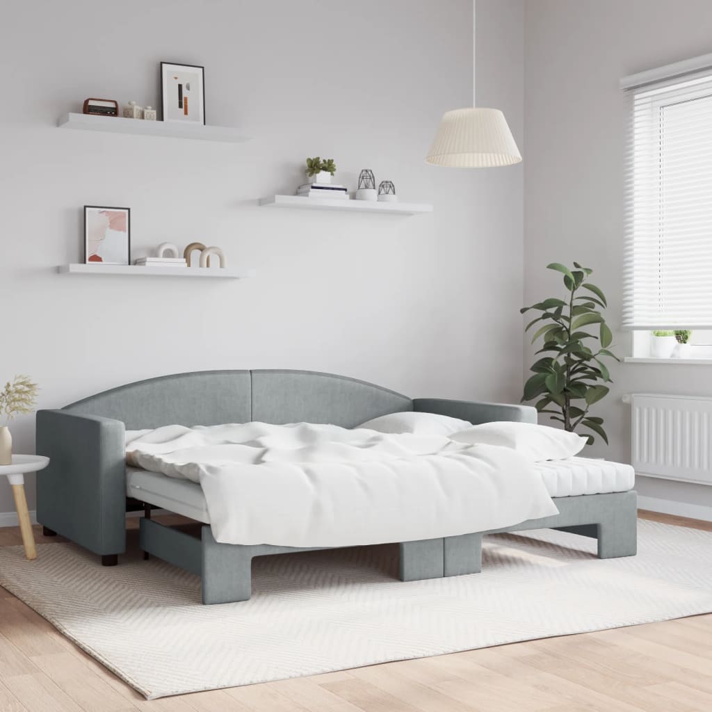 Slaapbank Onderschuifbed En Matrassen Stof 90 x 190 cm Lichtgrijs met onderschuifbed en matras