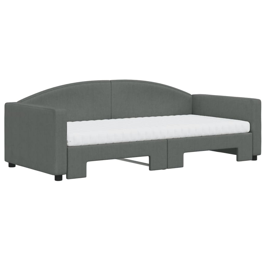 Slaapbank Onderschuifbed Matrassen Stof Donkergroen 90 x 190 cm Donkergrijs met onderschuifbed en matras
