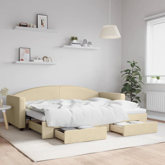 Slaapbank S Stof Kleur 80 x 200 cm Crème met onderschuifbed en lade