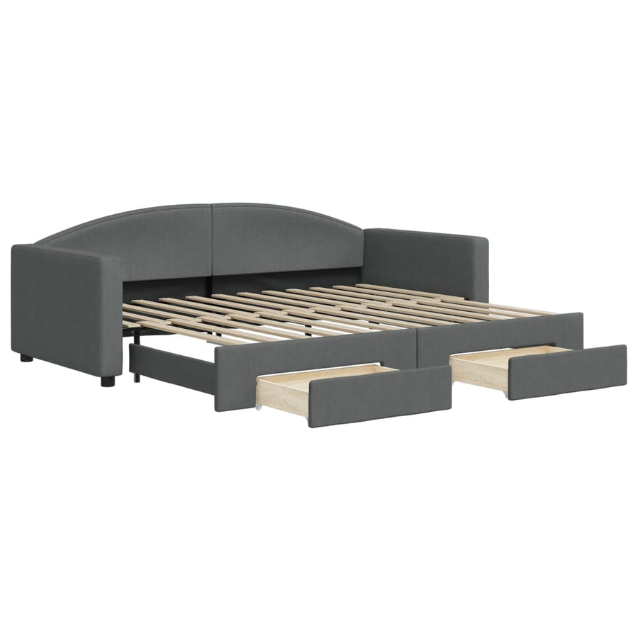 Slaapbank Onderschuifbed En Lades Stof 90 x 200 cm Donkergrijs met onderschuifbed en lade