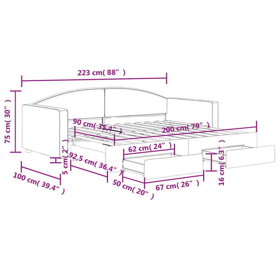 Slaapbank S Stof 90 x 200 cm Zwart met onderschuifbed en lade