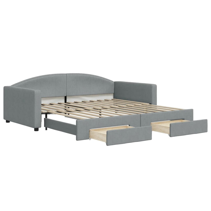 Slaapbank Onderschuifbed En Lades Stof 100 x 200 cm Lichtgrijs met onderschuifbed en lade