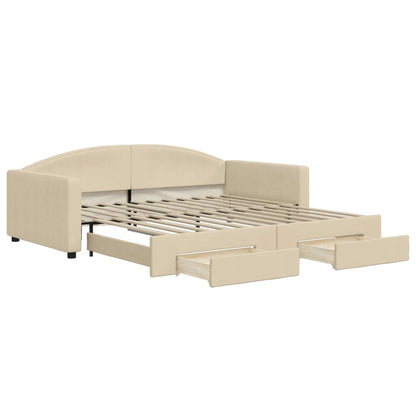 Slaapbank met onderschuifbed en lades 100x200 cm stof crème 100 x 200 cm Crème met onderschuifbed en lade