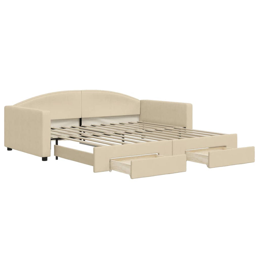 Slaapbank met onderschuifbed en lades 100x200 cm stof crème 100 x 200 cm Crème met onderschuifbed en lade