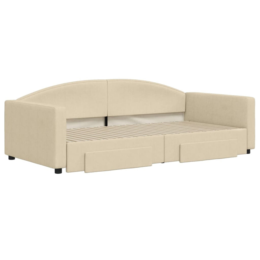 Slaapbank met onderschuifbed en lades 100x200 cm stof crème 100 x 200 cm Crème met onderschuifbed en lade