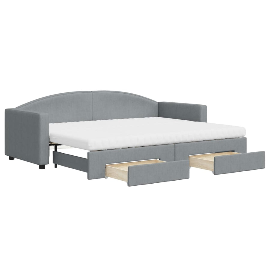Slaapbank Met Onderschuifbed En Lades Stof 80 x 200 cm Lichtgrijs met onderschuifbed en lade en matras