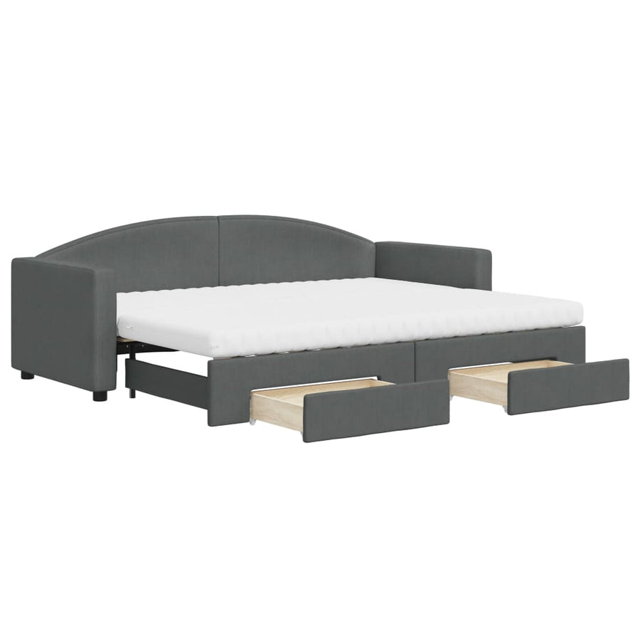 Slaapbank Onderschuifbed En Lades Stof 80 x 200 cm Donkergrijs met onderschuifbed en lade en matras