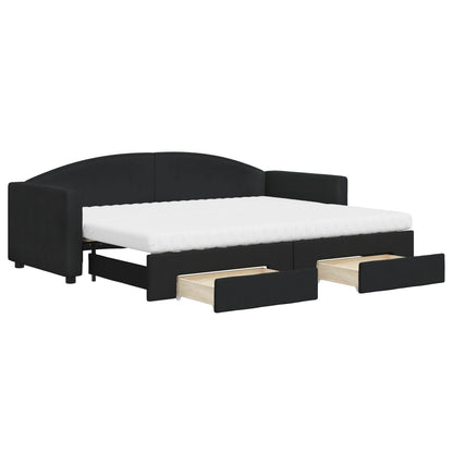 Slaapbank Met Onderschuifbed En Lades Stof 80 x 200 cm Zwart met onderschuifbed en lade en matras