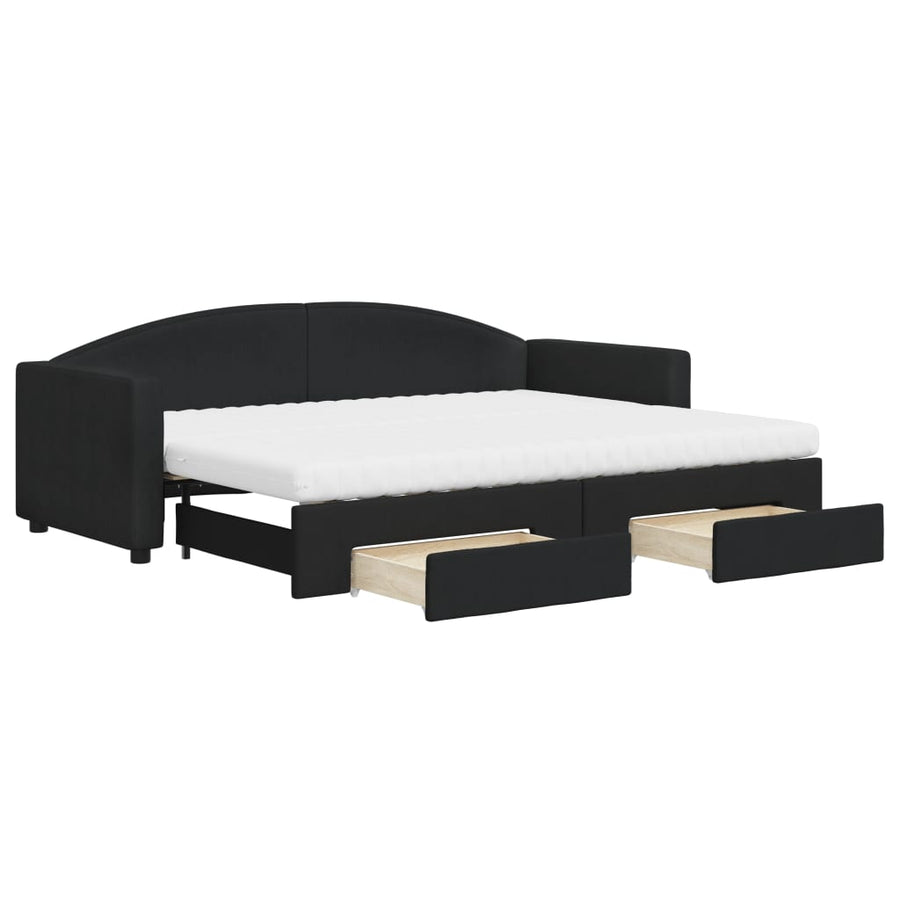 Slaapbank Met Onderschuifbed En Lades Stof 80 x 200 cm Zwart met onderschuifbed en lade en matras