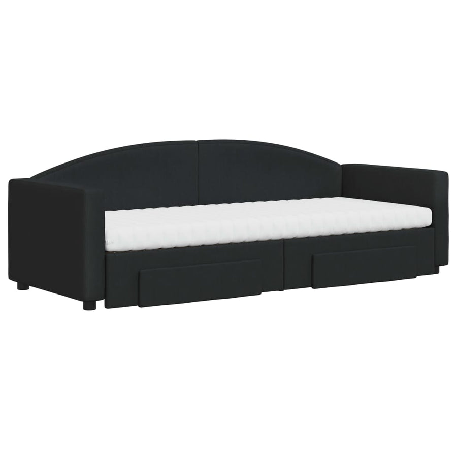 Slaapbank Met Onderschuifbed En Lades Stof 80 x 200 cm Zwart met onderschuifbed en lade en matras