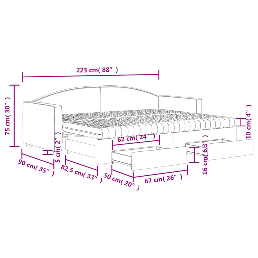 Slaapbank Met Onderschuifbed En Lades Stof Kleur 80 x 200 cm Crème met onderschuifbed en lade en matras