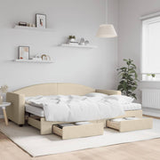 Slaapbank met onderschuifbed en lades 223x90x75 cm crèmekleur