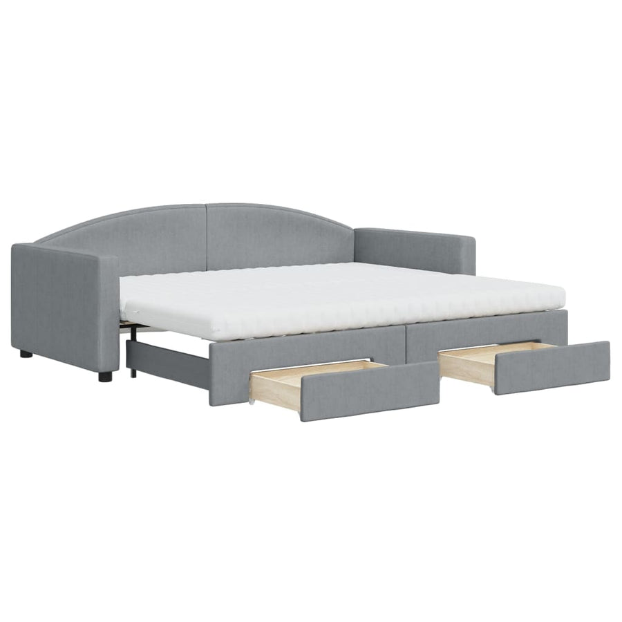 Slaapbank Met Onderschuifbed En Lades Stof 90 x 200 cm Lichtgrijs met onderschuifbed en lade en matras