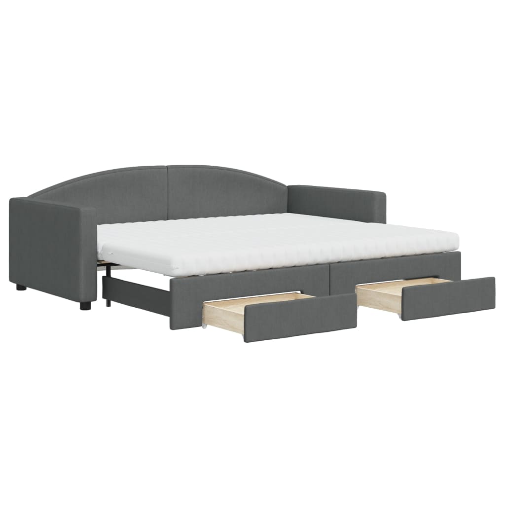 Slaapbank Onderschuifbed En Lades Stof 90 x 200 cm Donkergrijs met onderschuifbed en lade en matras