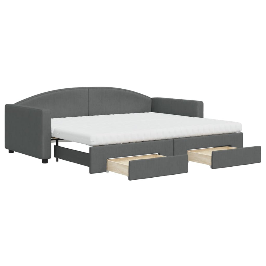 Slaapbank Onderschuifbed En Lades Stof 90 x 200 cm Donkergrijs met onderschuifbed en lade en matras