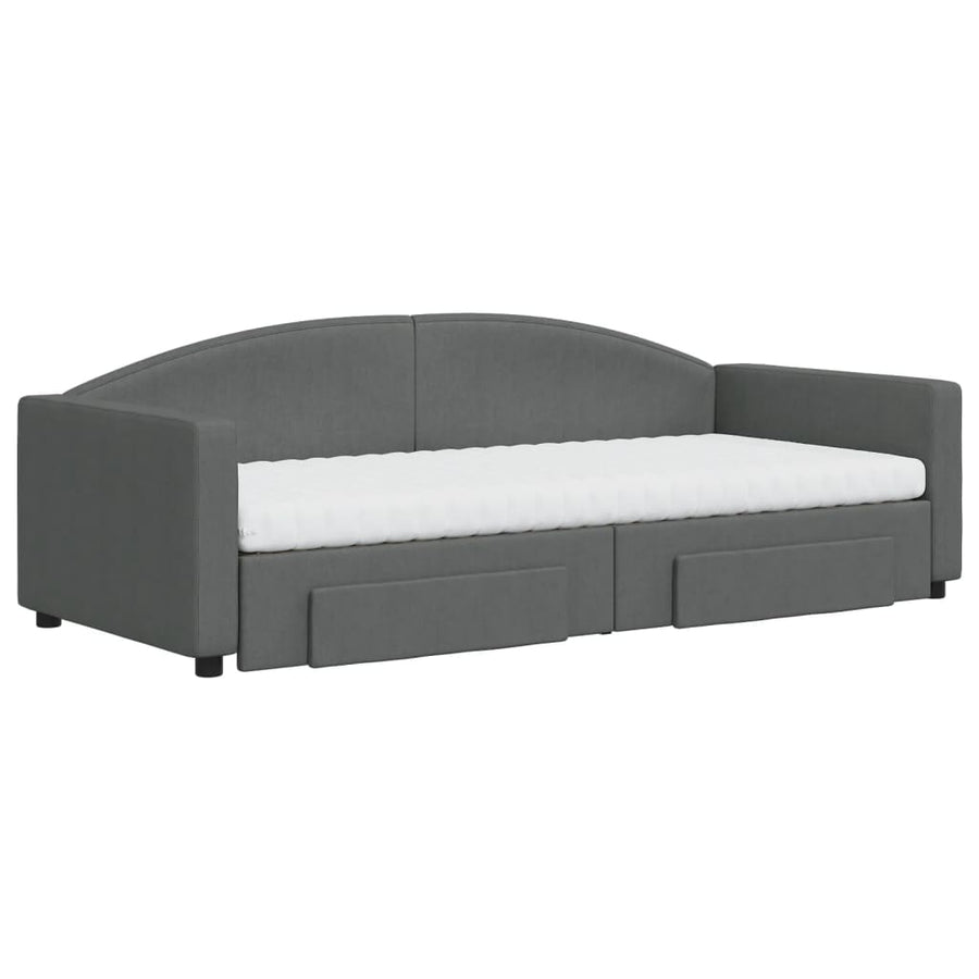 Slaapbank Onderschuifbed En Lades Stof 90 x 200 cm Donkergrijs met onderschuifbed en lade en matras