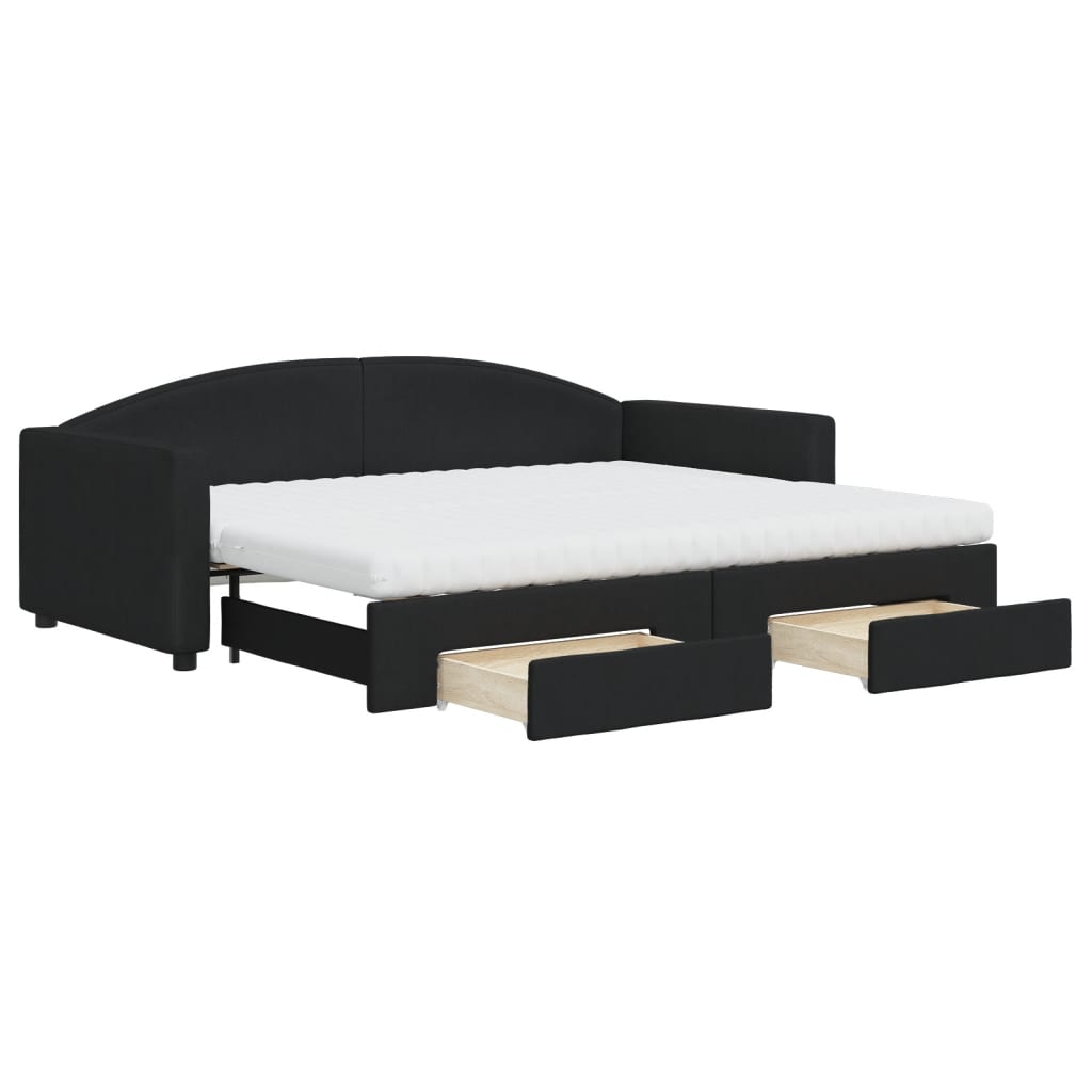 Slaapbank Met Onderschuifbed En Lades Stof 90 x 200 cm Zwart met onderschuifbed en lade en matras