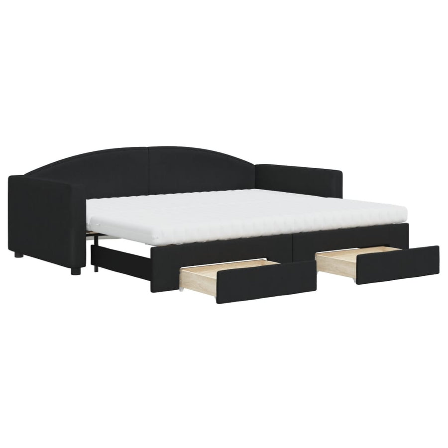 Slaapbank Met Onderschuifbed En Lades Stof 90 x 200 cm Zwart met onderschuifbed en lade en matras