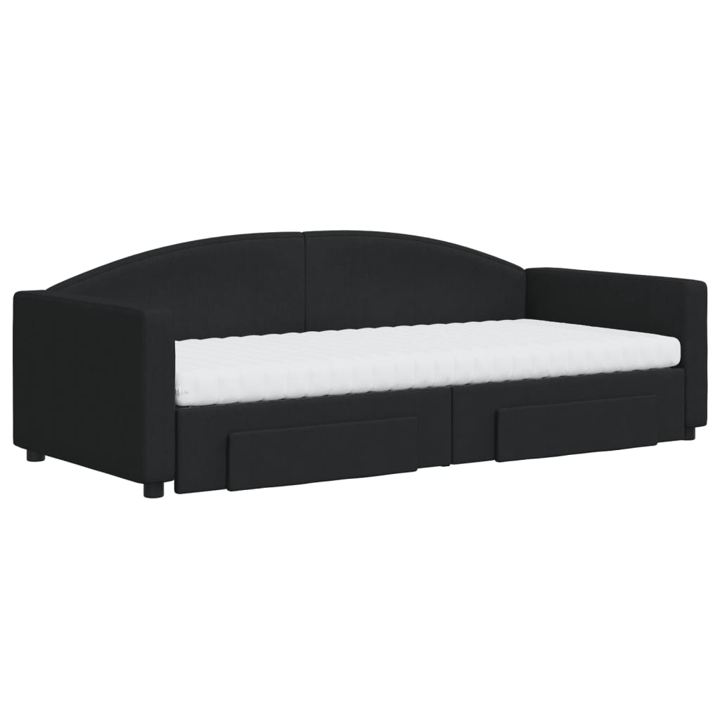 Slaapbank Met Onderschuifbed En Lades Stof 90 x 200 cm Zwart met onderschuifbed en lade en matras