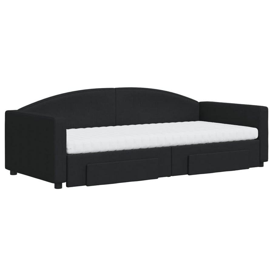 Slaapbank Met Onderschuifbed En Lades Stof 90 x 200 cm Zwart met onderschuifbed en lade en matras