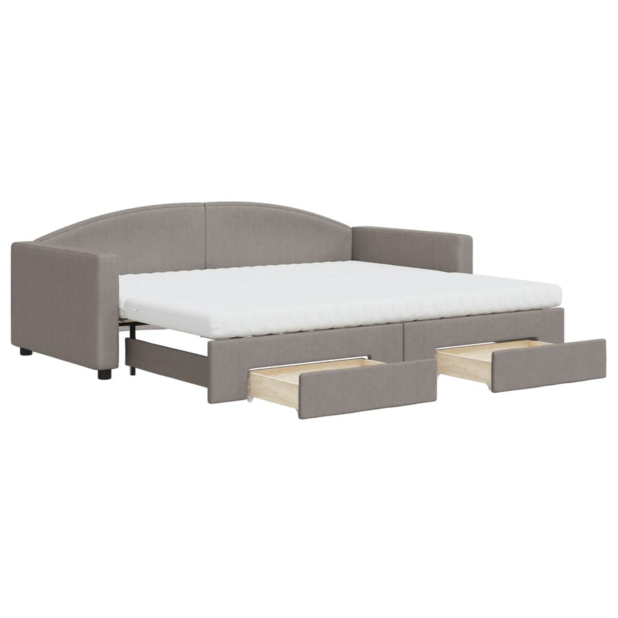 Slaapbank Met Onderschuifbed En Lades 90X200 Cm Stof Taupe Taupe 90 x 200 cm met onderschuifbed en lade en matras
