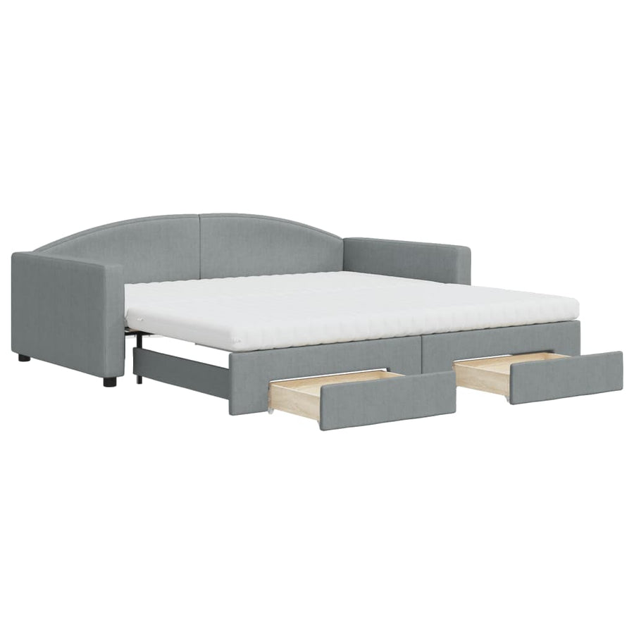 Slaapbank Onderschuifbed En Lades Stof 100 x 200 cm Lichtgrijs met onderschuifbed en lade en matras
