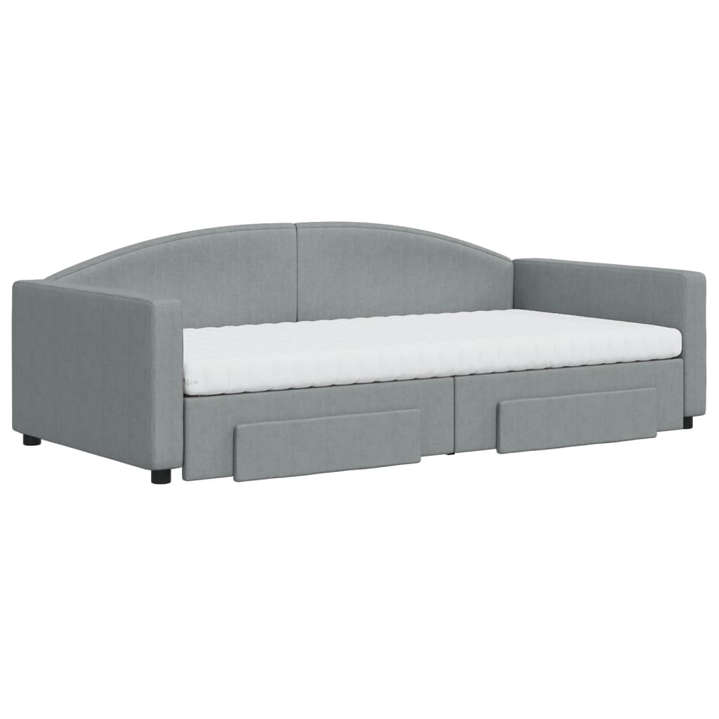 Slaapbank Onderschuifbed En Lades Stof 100 x 200 cm Lichtgrijs met onderschuifbed en lade en matras