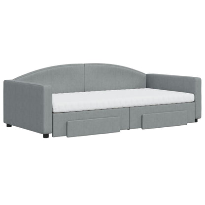 Slaapbank Onderschuifbed En Lades Stof 100 x 200 cm Lichtgrijs met onderschuifbed en lade en matras