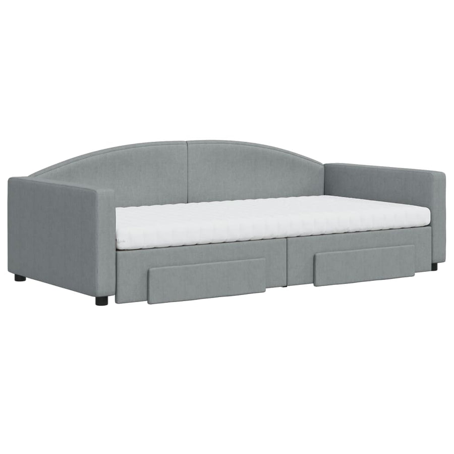 Slaapbank Onderschuifbed En Lades Stof 100 x 200 cm Lichtgrijs met onderschuifbed en lade en matras