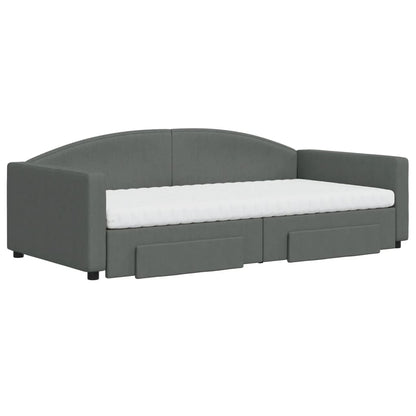 Slaapbank Onderschuifbed En Lades Stof 100 x 200 cm Donkergrijs met onderschuifbed en lade en matras