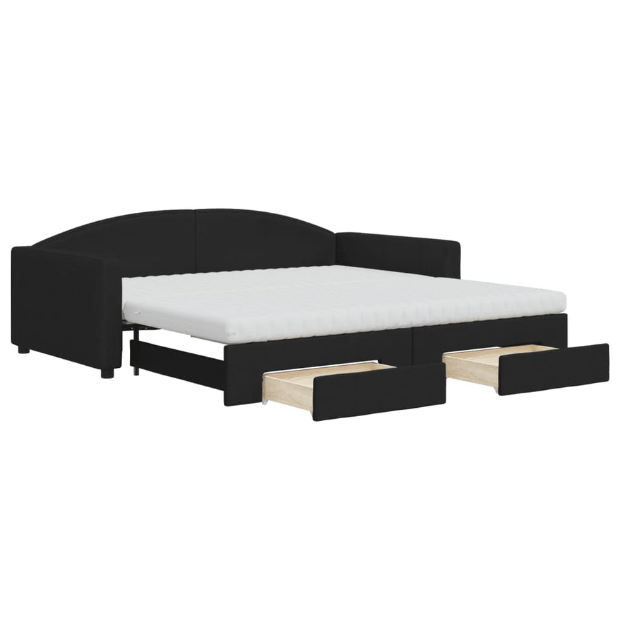 Slaapbank Met Onderschuifbed En Lades Stof Zwart 100 x 200 cm met onderschuifbed en lade en matras