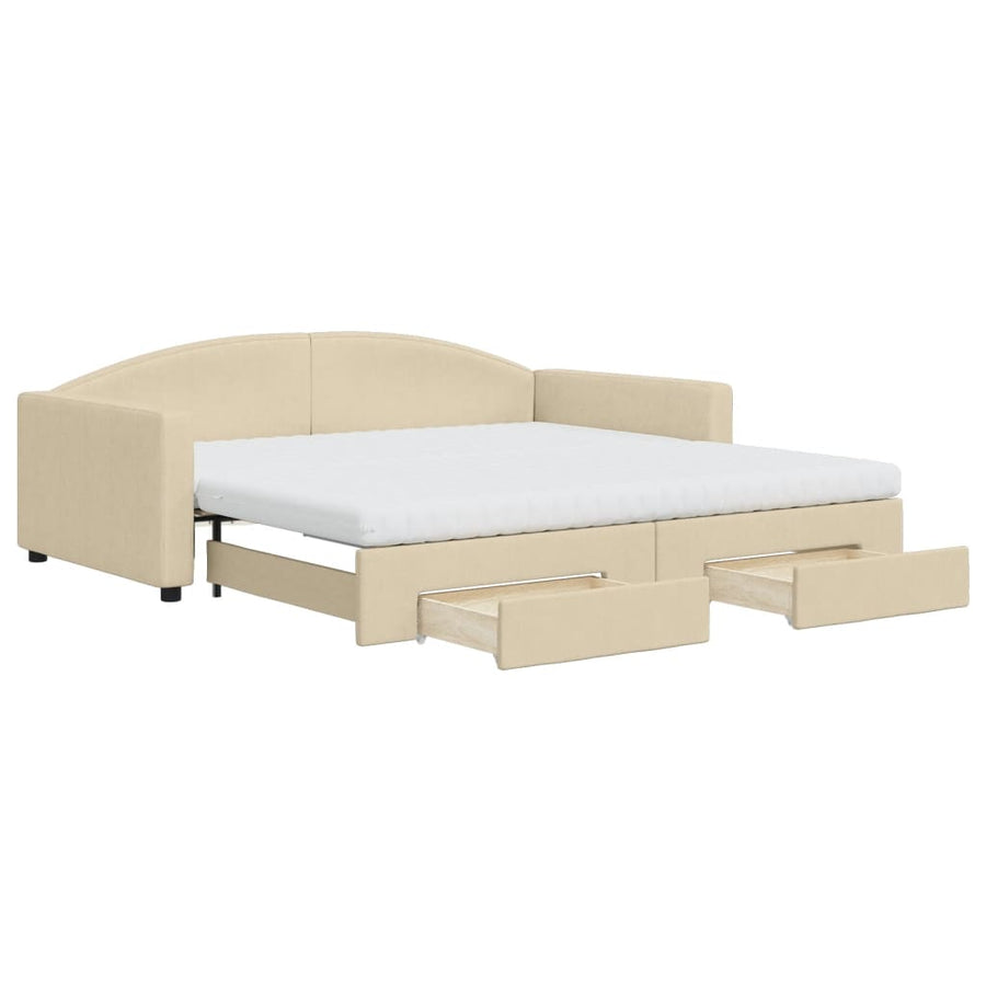 Slaapbank Met Onderschuifbed En Lades Stof 100 x 200 cm Crème met onderschuifbed en lade en matras