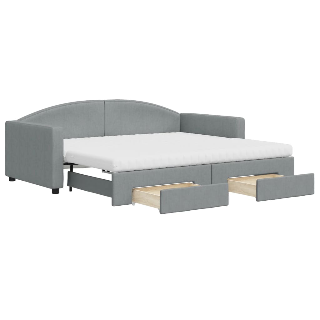Slaapbank Met Onderschuifbed En Lades Stof 90 x 190 cm Lichtgrijs met onderschuifbed en lade en matras