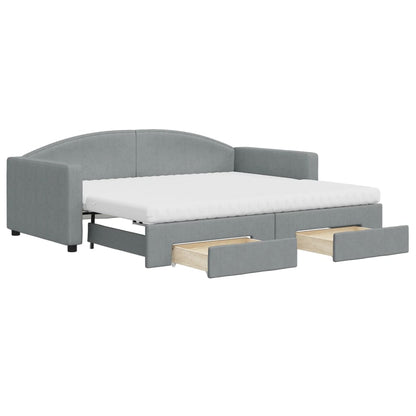 Slaapbank Met Onderschuifbed En Lades Stof 90 x 190 cm Lichtgrijs met onderschuifbed en lade en matras