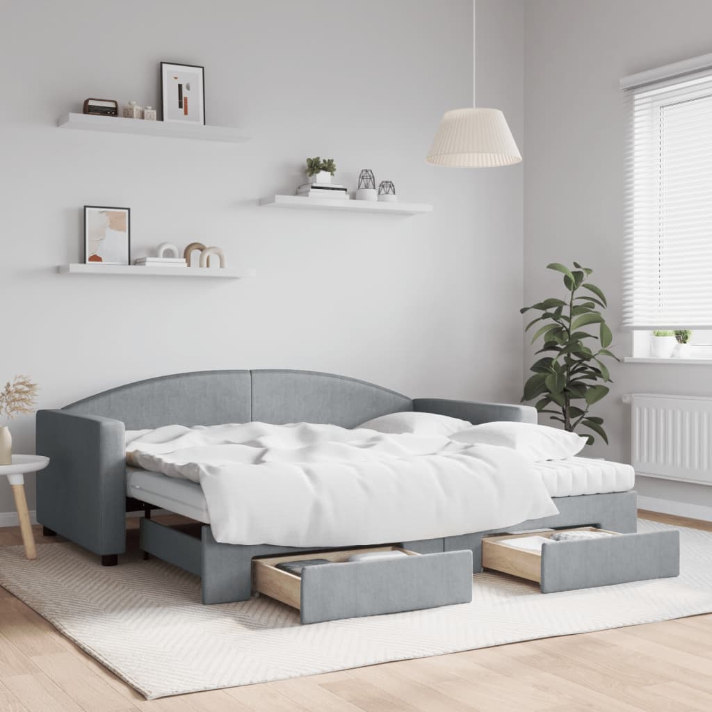 Slaapbank Met Onderschuifbed En Lades Stof 90 x 190 cm Lichtgrijs met onderschuifbed en lade en matras