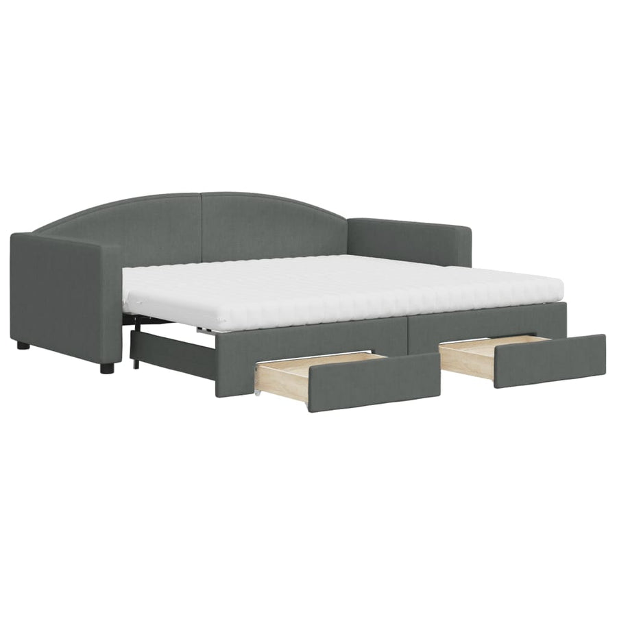 Slaapbank Onderschuifbed En Lades Stof 90 x 190 cm Donkergrijs met onderschuifbed en lade en matras