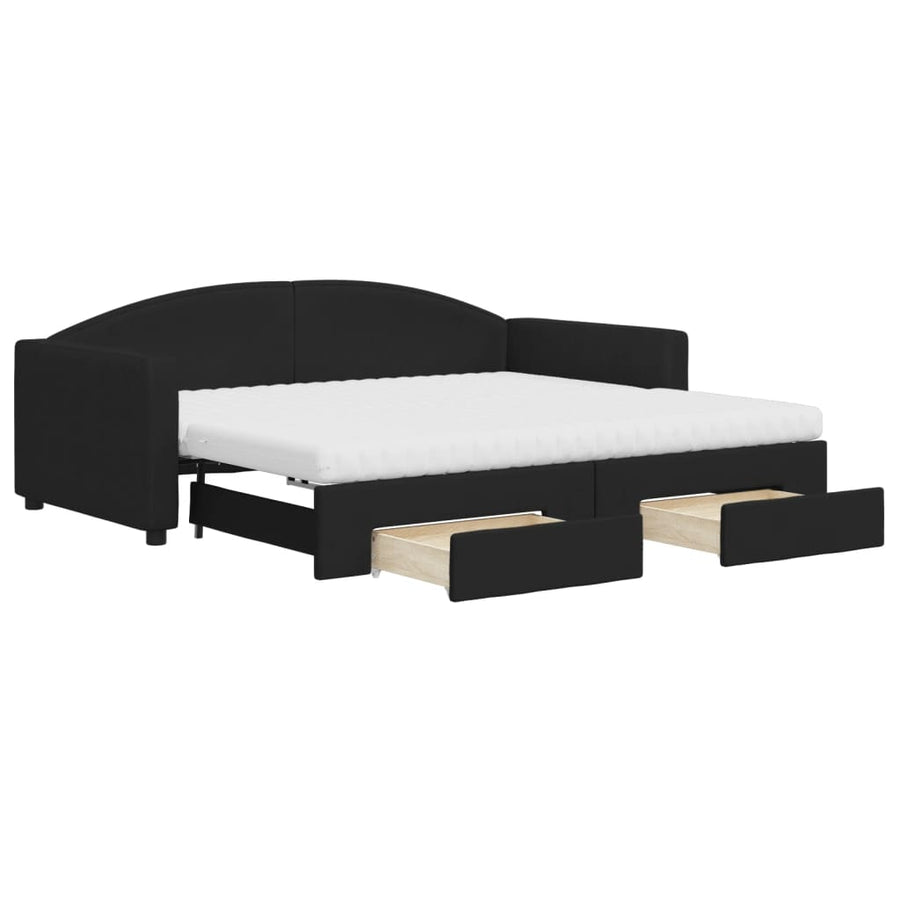 Slaapbank Met Onderschuifbed En Lades Stof 90 x 190 cm Zwart met onderschuifbed en lade en matras