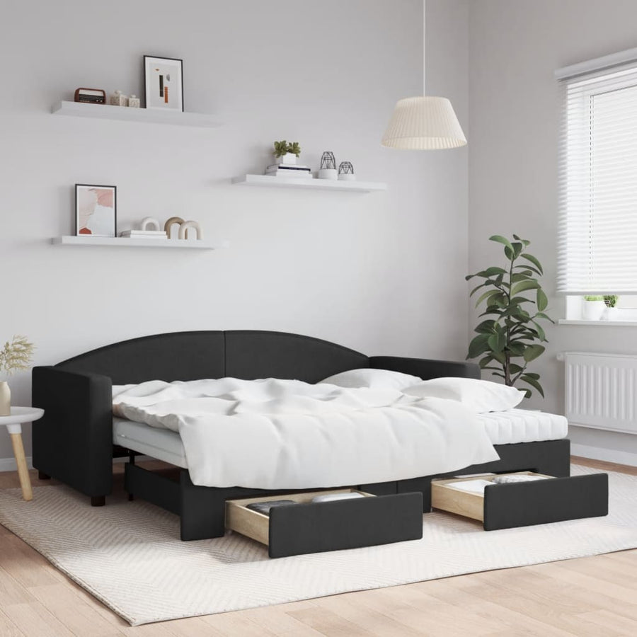 Slaapbank Met Onderschuifbed En Lades Stof 90 x 190 cm Zwart met onderschuifbed en lade en matras