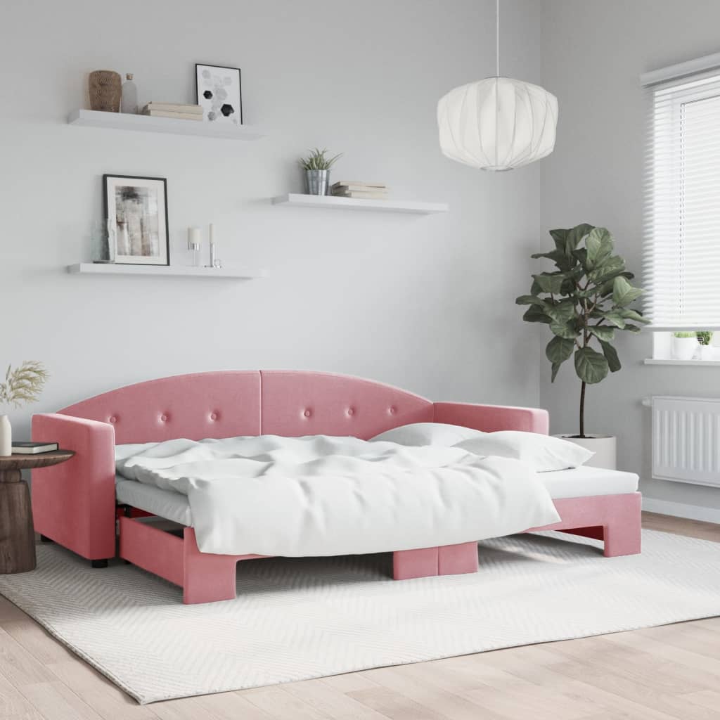 Slaapbank met onderschuifbed 80x200 cm fluweel roze
