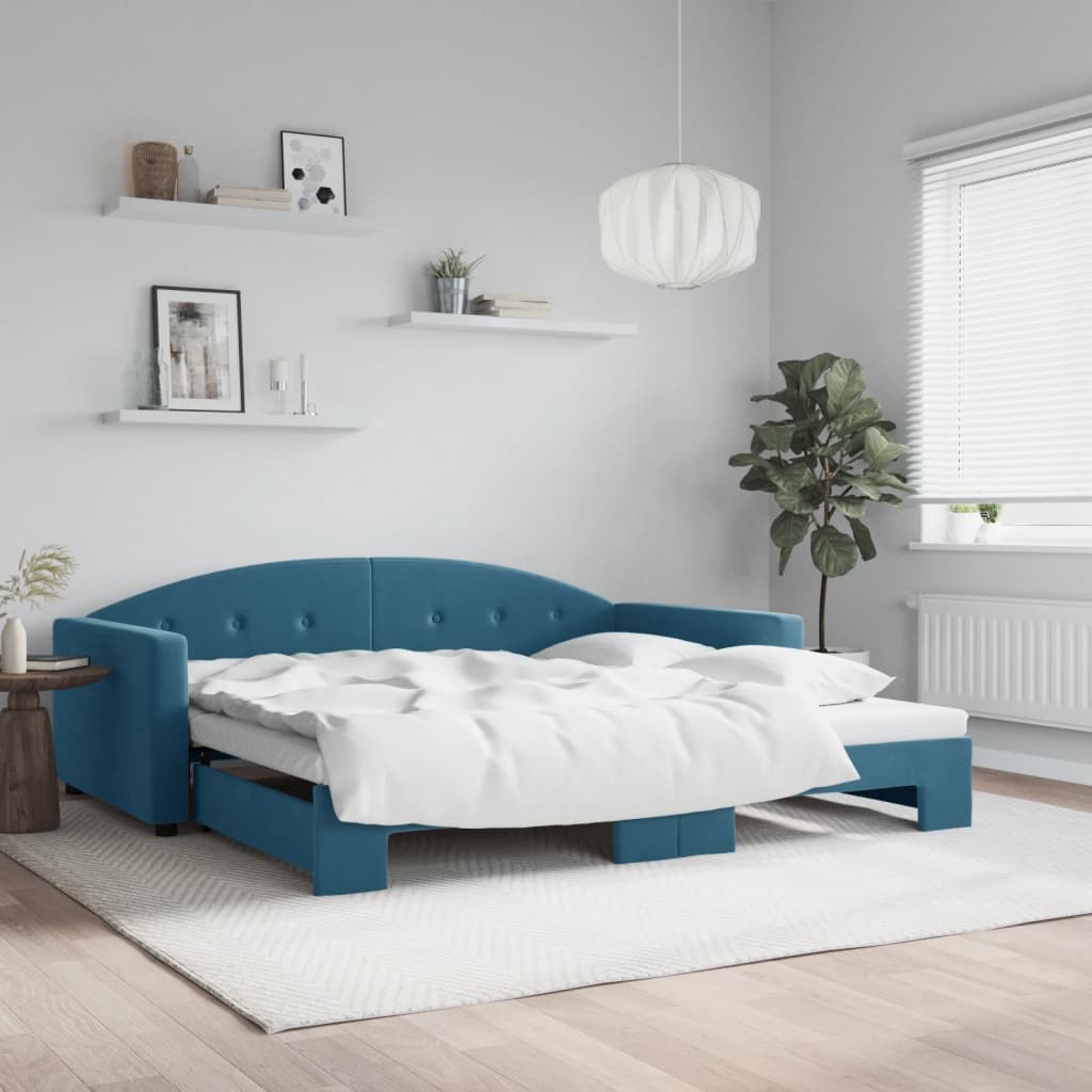 Slaapbank Fluweel 100 x 200 cm Blauw met onderschuifbed