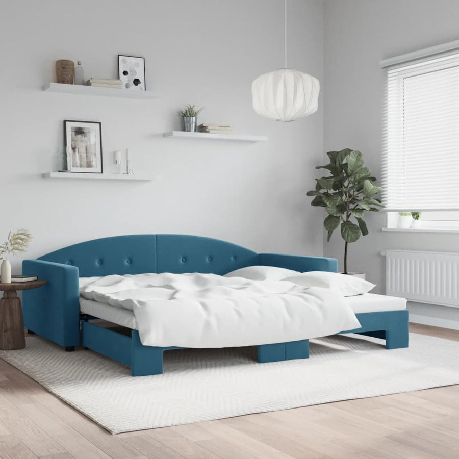 Slaapbank Fluweel 100 x 200 cm Blauw met onderschuifbed