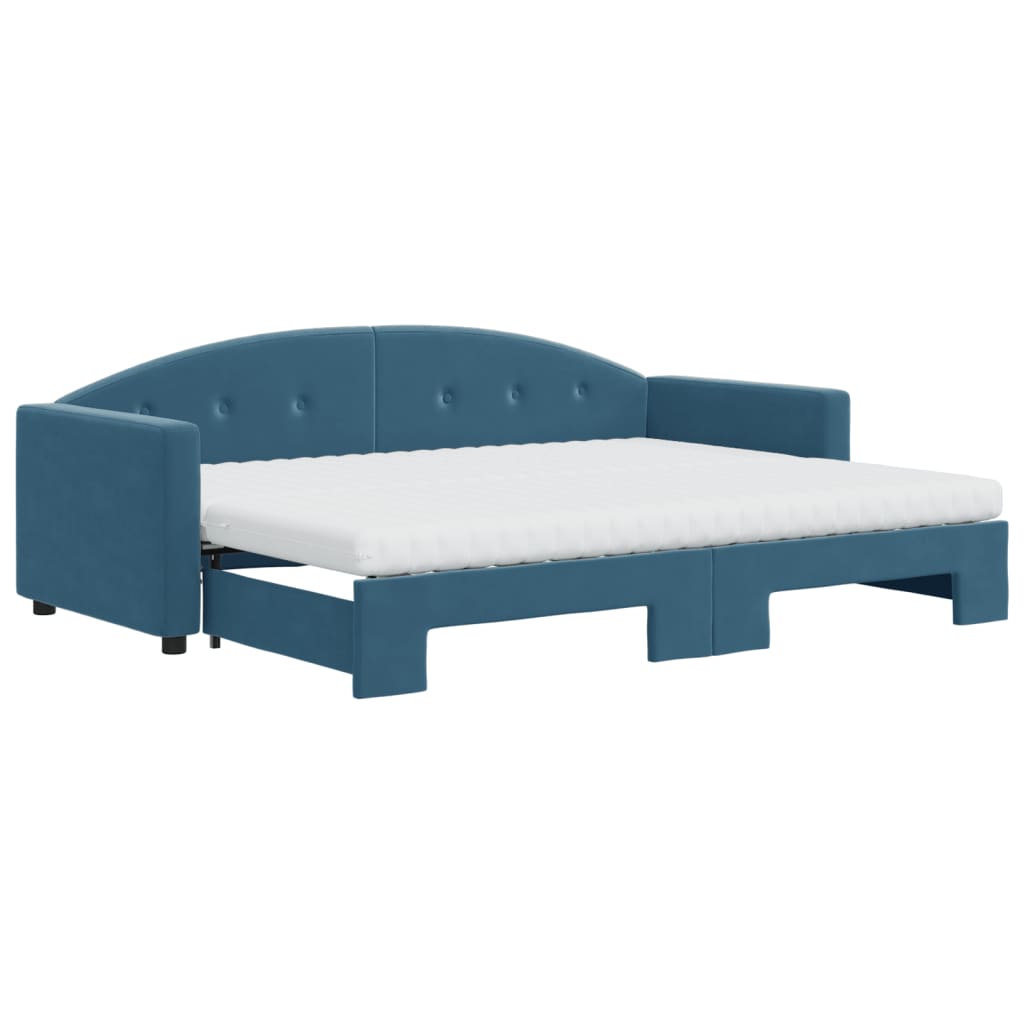 Slaapbank onderschuifbed en matrassen 80x200 cm fluweel blauw