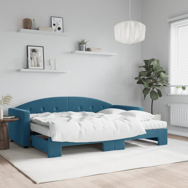 Slaapbank Onderschuifbed En Matrassen Fluweel 80 x 200 cm Blauw met onderschuifbed en matras