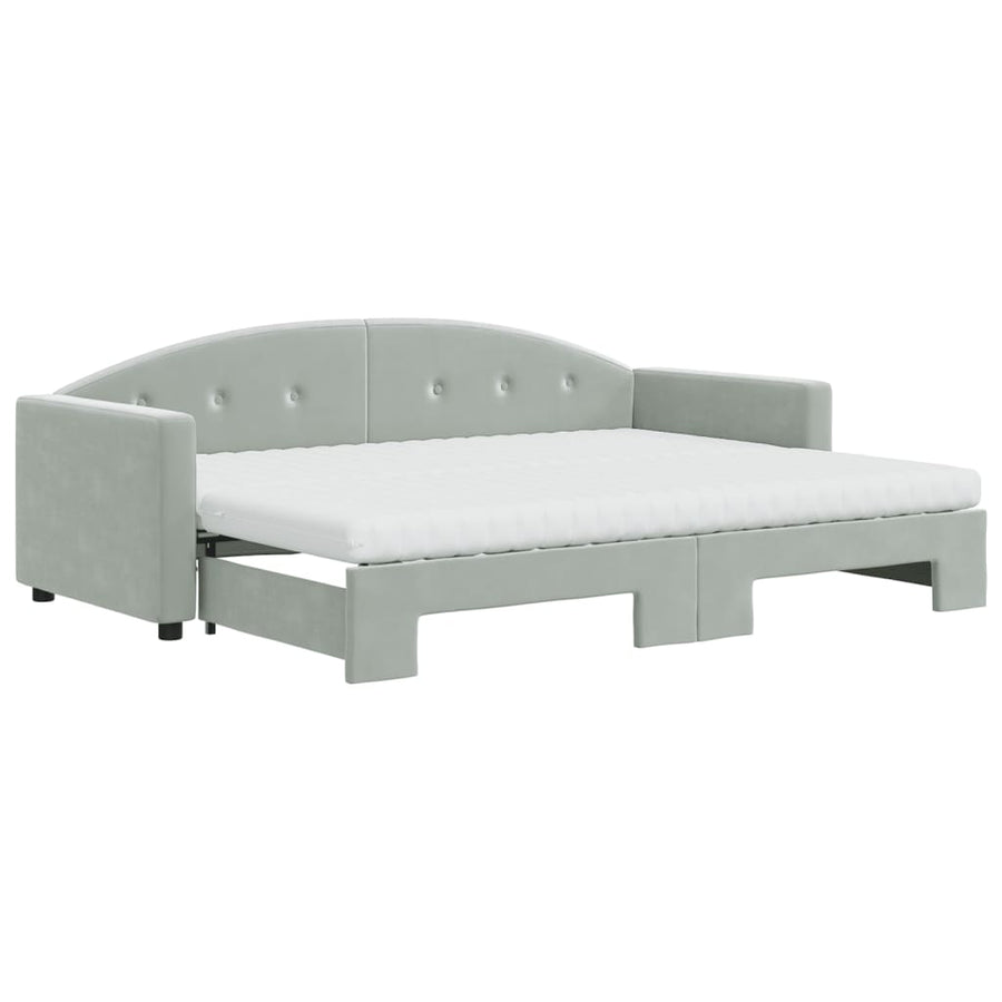 Slaapbank Onderschuifbed Matrassen Fluweel 80 x 200 cm Lichtgrijs met onderschuifbed en matras