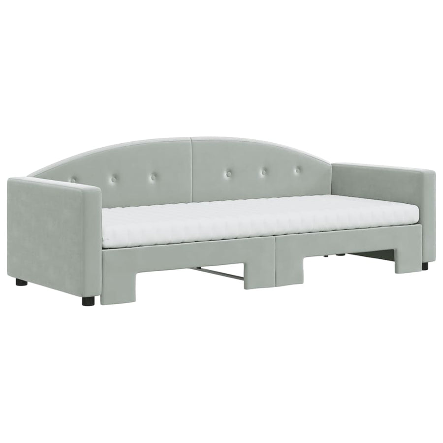 Slaapbank Onderschuifbed Matrassen Fluweel 80 x 200 cm Lichtgrijs met onderschuifbed en matras